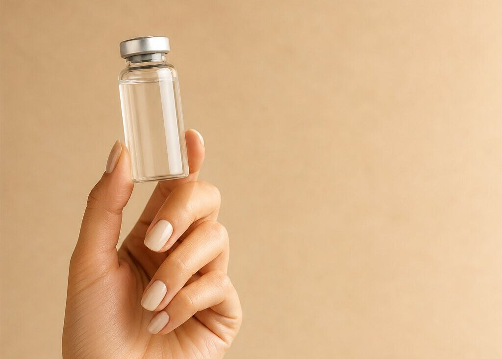 Hand holding a clear glass vial - Radiate Wellness lab testing
